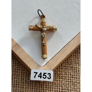 Antique Wooden Crucifix Pendant With Brass Details